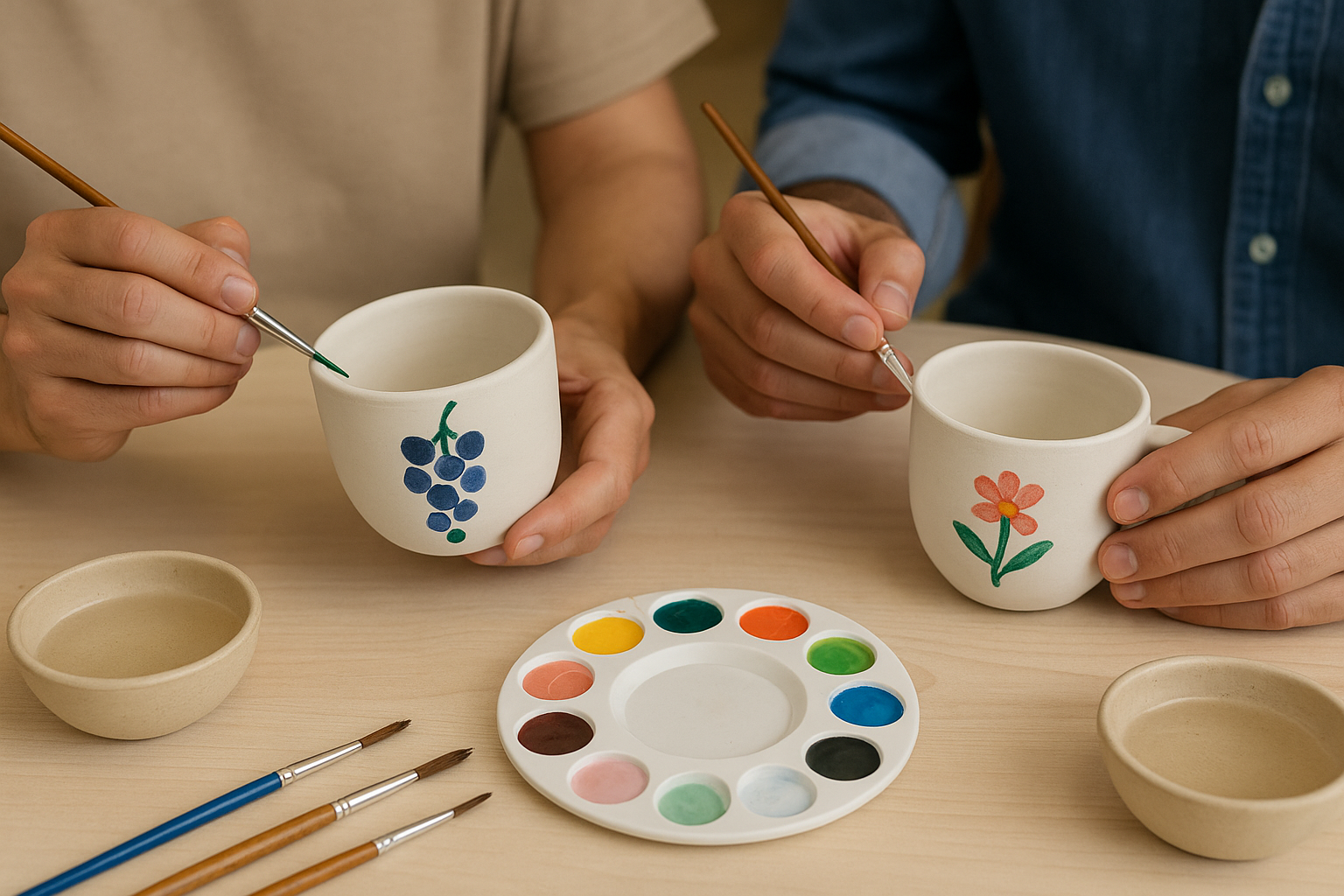 סדנת צביעת כלי קרמיקה בגולן – ידיים של זוג צובעות כוסות קרמיקה לבנות בעבודת יד עם ציורים צבעוניים של פרחים וענבים. חוויה זוגית של יצירה, צבע ואמנות בצפון, באווירה רגועה ומלאת השראה.